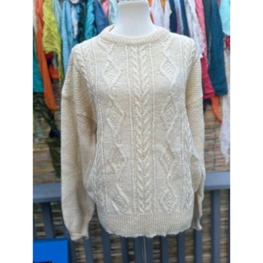 Vintage Cream Aran Cable‎ Knit Sweater L Unisex Cottagecore Old Money 80s 90s - Picture 2 of 11
